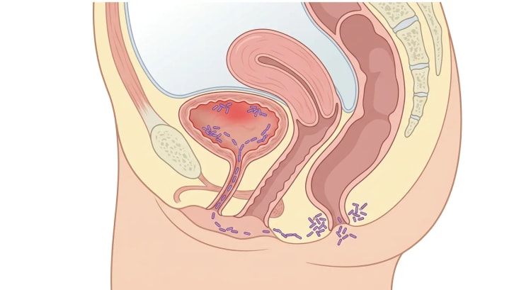 Sagittalt snit af kvindeligt bækken med tarmbakterier, der vandrer fra anus over perineum til urethraåbningen og op i en inflammeret urinblære.