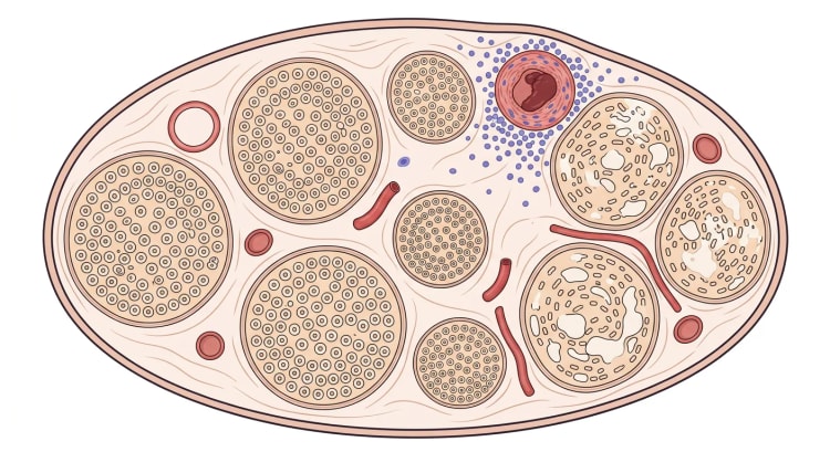 Tværsnit af en perifer nerve med en inflammeret, tromboseret epineural arterie og iskæmisk beskadigede nervefascikler ved siden af, mens fasciklerne på modsatte side er raske.