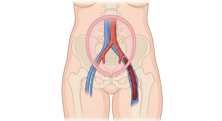 Gravid uterus forfra, der ligger over vena cava inferior, aorta og bækkenkarrene, med en lang trombe i venstre v. iliaca externa og v. femoralis.