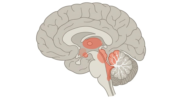 Midtsnit gennem hjernen, hvor mediale thalamus, corpora mamillaria, området omkring akvædukten, fjerde ventrikels bund og cerebellare vermis er markeret med rødt.