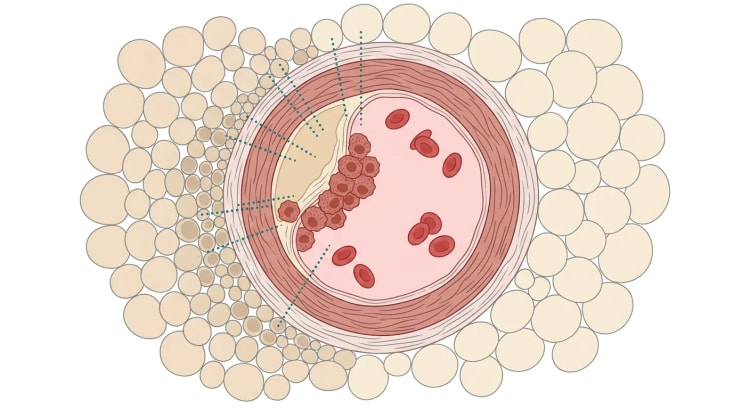 Illustration af en koronararterie i tværsnit med en inflammeret aterosklerotisk plak, omgivet af perivaskulært fedt, hvor adipocytterne nærmest karvæggen er mindre end dem længere væk.