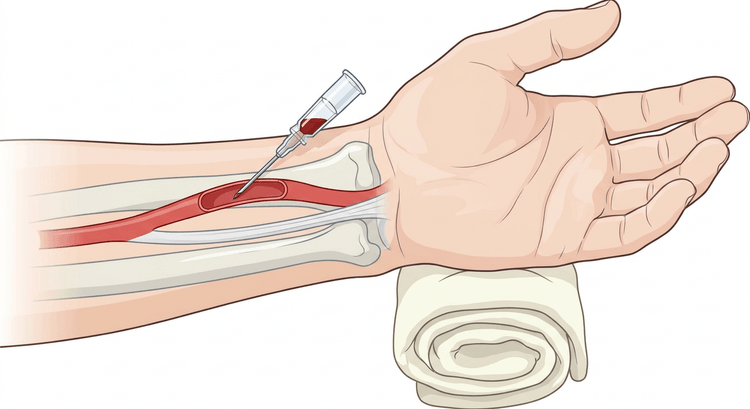 Håndled set fra håndfladesiden med a. radialis og et arteriekateter indført i flad vinkel