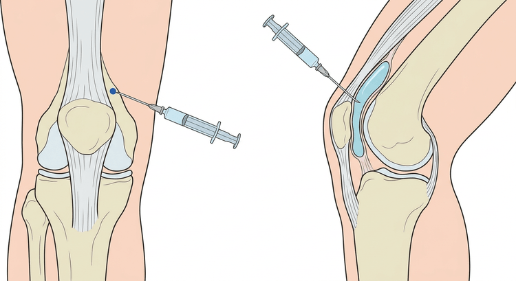 Knæled forfra med indstikstedet ved patellas øvre laterale hjørne og sagittalsnit med nålespidsen i den væskefyldte reces over knæskallen