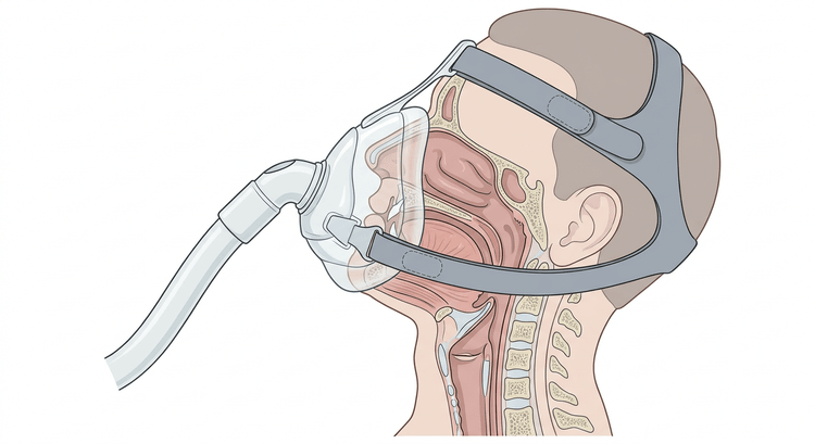 Sagittalsnit gennem hoved og hals med en tætsluttende orofacial NIV-maske over næse og mund, holdt fast af hovedbånd, og de øvre luftveje synlige i gennemsnit