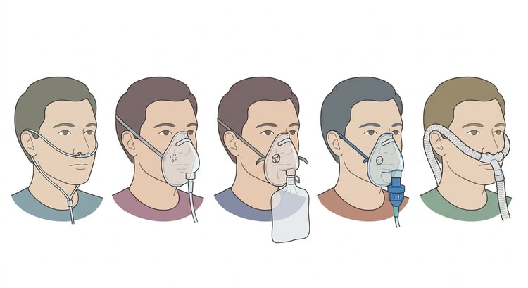 Fem portrætter på række af den samme patient med forskellige iltsystemer: iltbrille, simpel ansigtsmaske, maske med reservoirpose, venturimaske med ventilhus og højflowbrille med grov slange