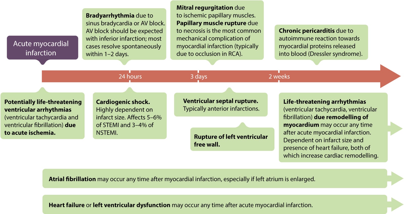 Figur 3. Akutte, subakutte og langsigtede komplikationer ved akut (STEMI) og myokardieinfarkt generelt. RCA = højre koronararterie. Tilpasset fra GW Reed et al, The Lancet (2017).