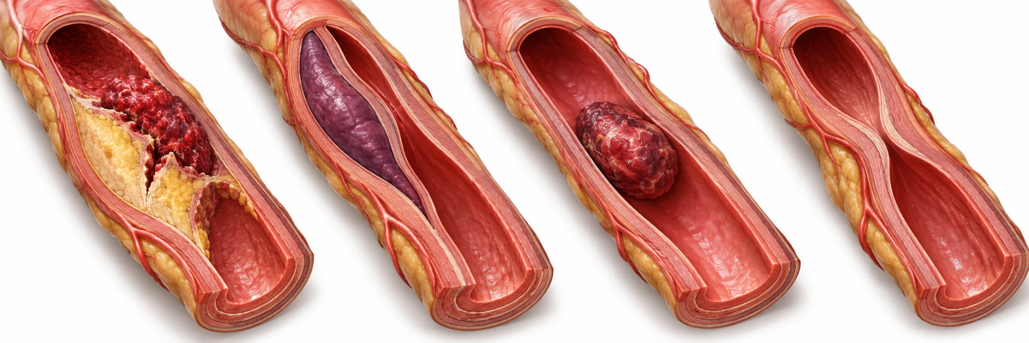 Eksempler på akutte koronare mekanismer. Fra venstre: plakruptur med trombose; intramuralt hæmatom ved spontan koronararteriedissektion; koronar embolus; fokal vasospasme. Nyfremstillet konceptuel illustration, ikke patientdata. Former og proportioner er skematiske.