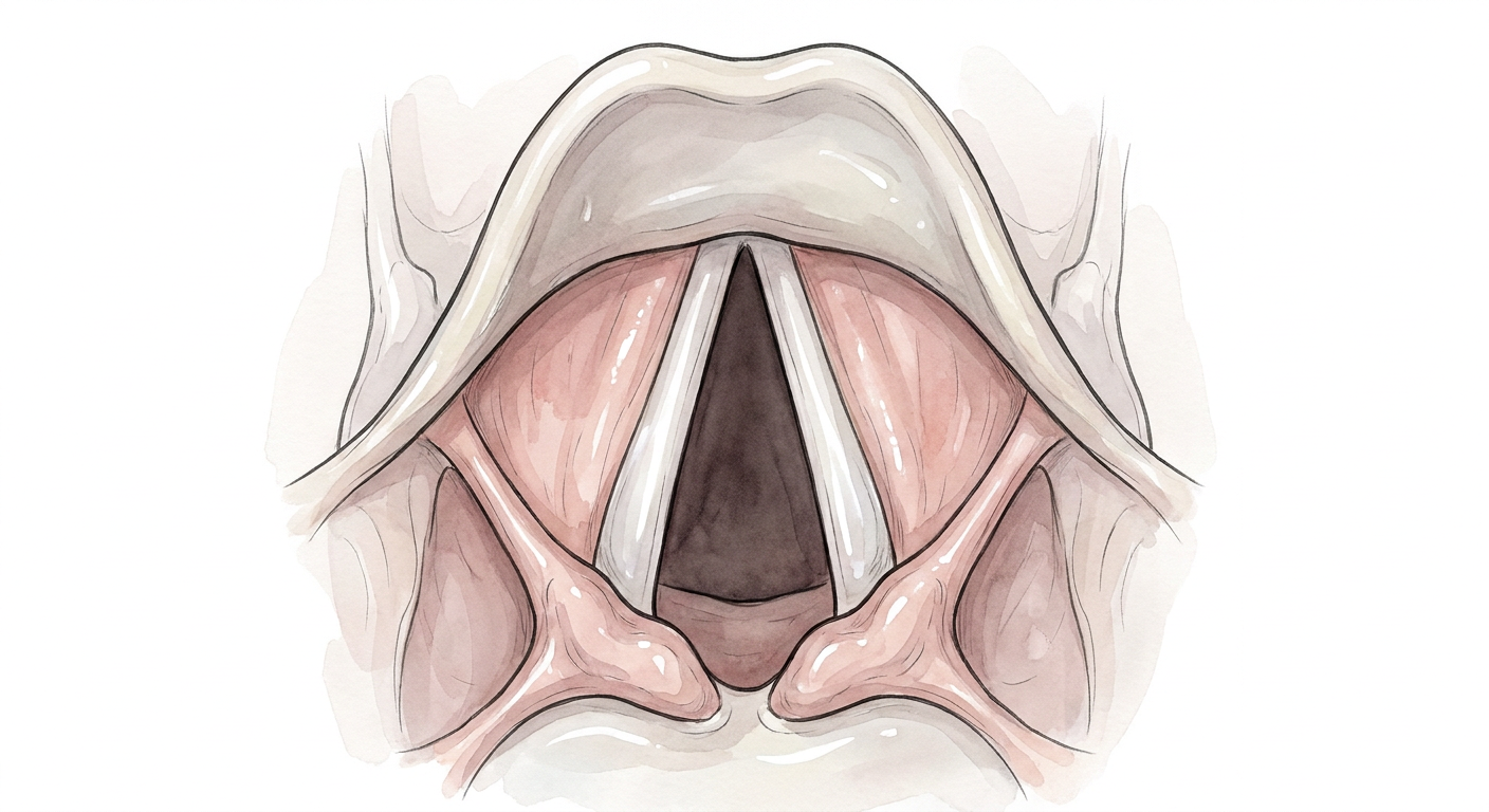 Laryngoskopisk billede af larynxindgangen med epiglottis foroven, de hvide stemmelæber omkring den trekantede glottisåbning og arytænoidbruskene forneden
