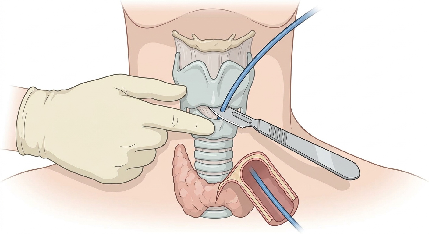 Halsens forside med larynx fikseret af en hånd, skalpel indført gennem membrana cricothyroidea og en bougie på vej ned i trachea